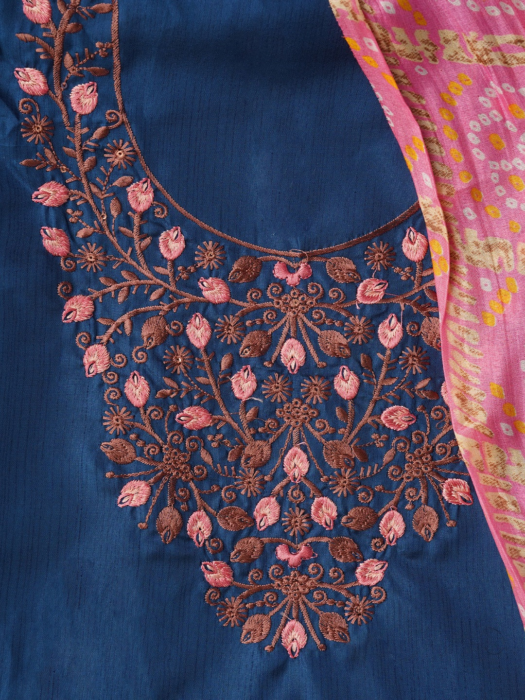 Teal Zari Embroidered Pure Cotton Dress Material with Dupatta