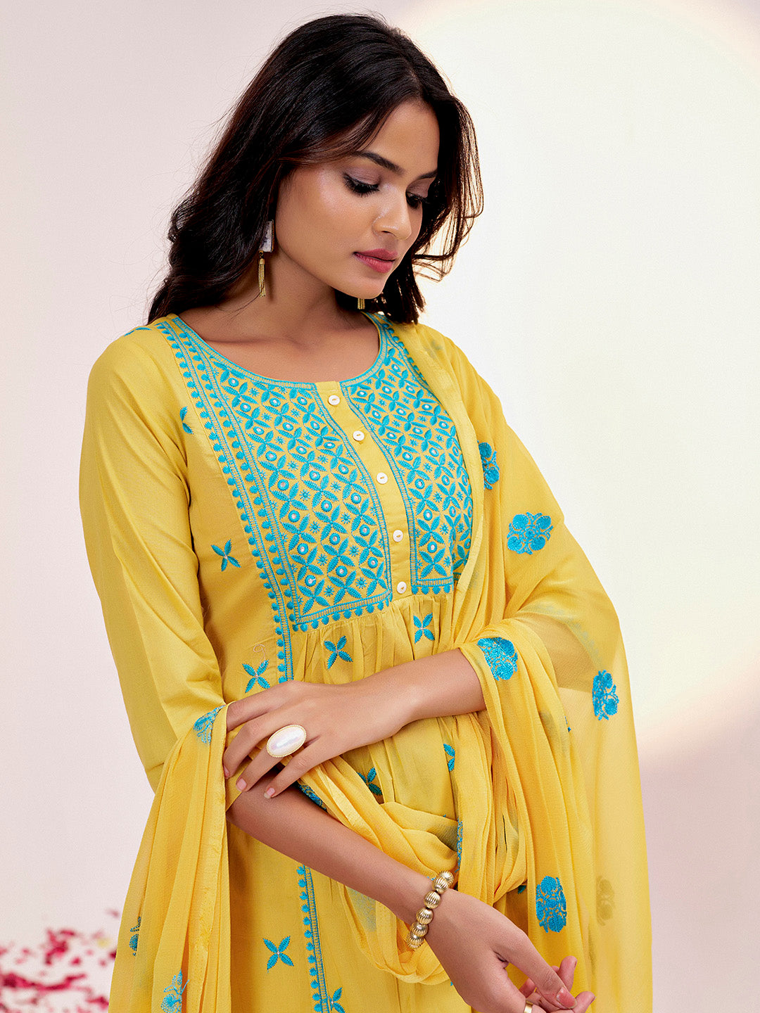 Pure Cotton Festive Chikankari Yellow Kurta Set With Dupatta