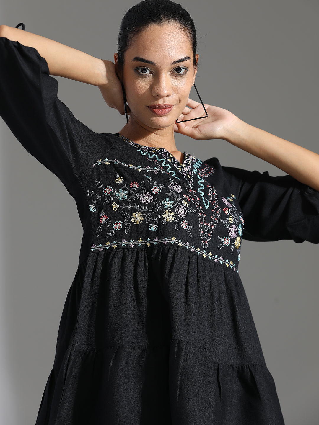 Black Floral Embroidered Rayon Top
