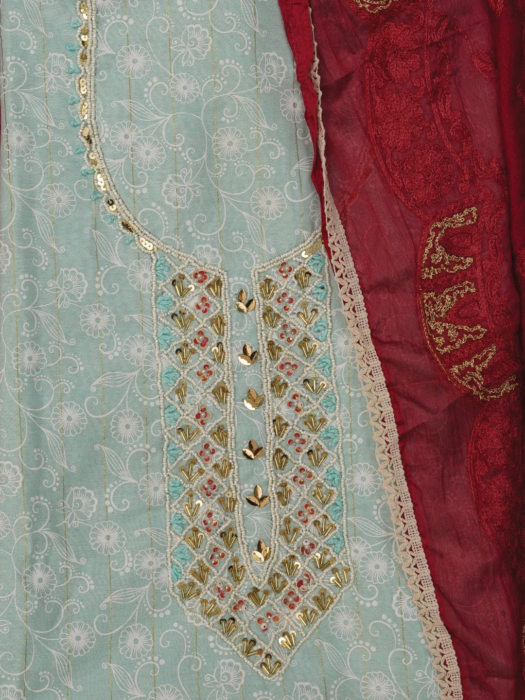 Sea Green Zari Embroidered Cotton Dress Material with Dupatta