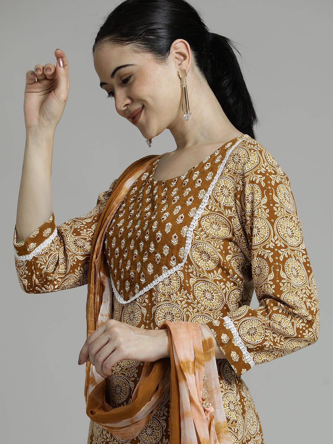Ethnic Motifs Printed Straight Kurta With Palazzos & Dupatta
