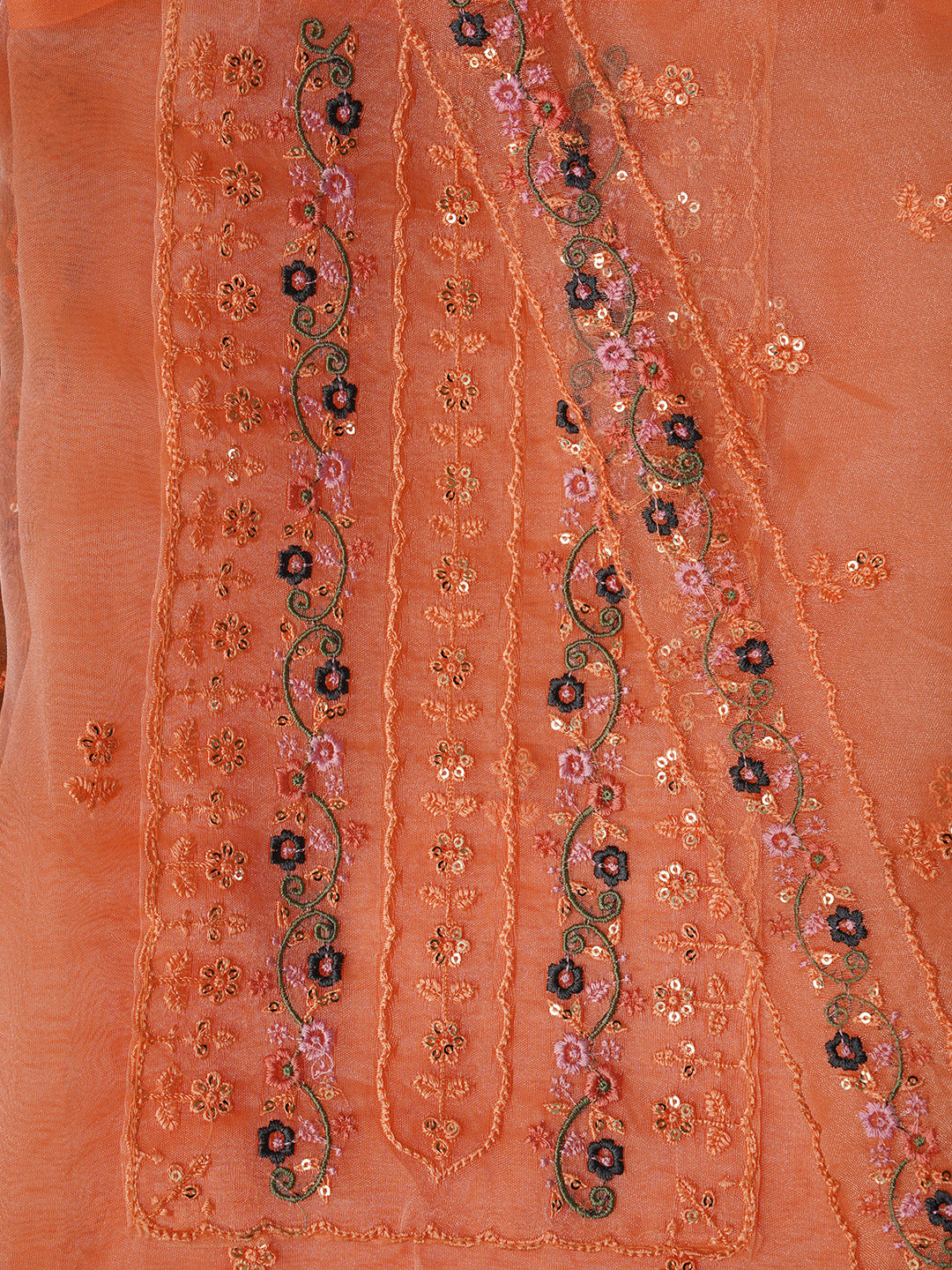 Unstitched Embroidered Orange Organza Dress Material With Dupatta