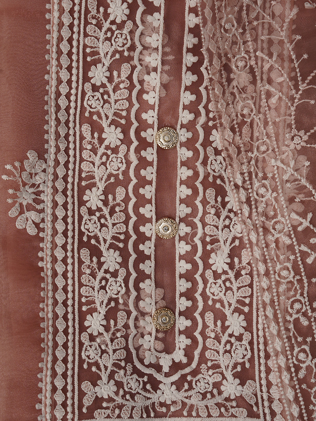 Unstitched Peach Embroidered Organza Dress Material With Dupatta