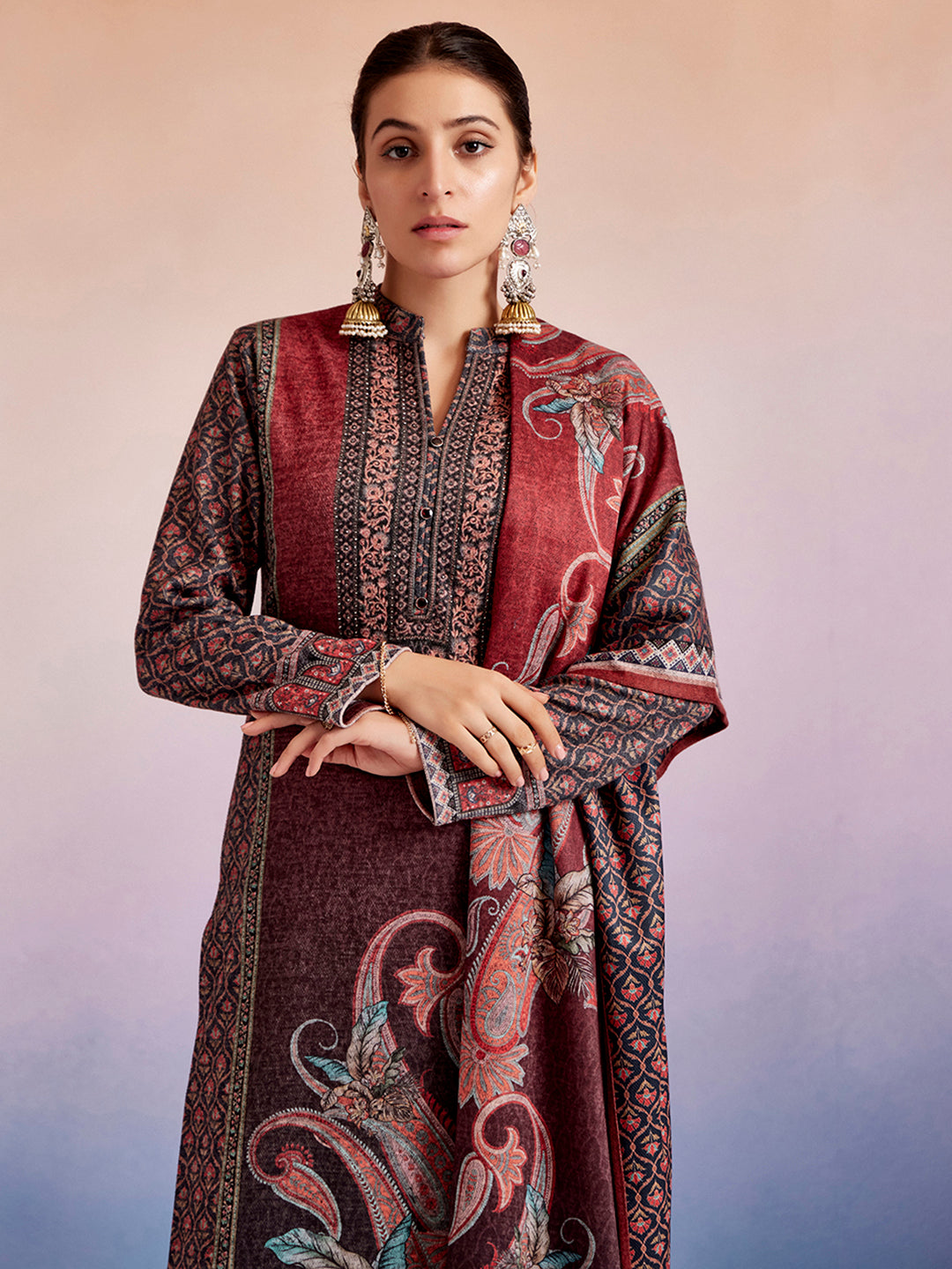 Rust Woolen Floral Printed Kurta Set With Dupatta