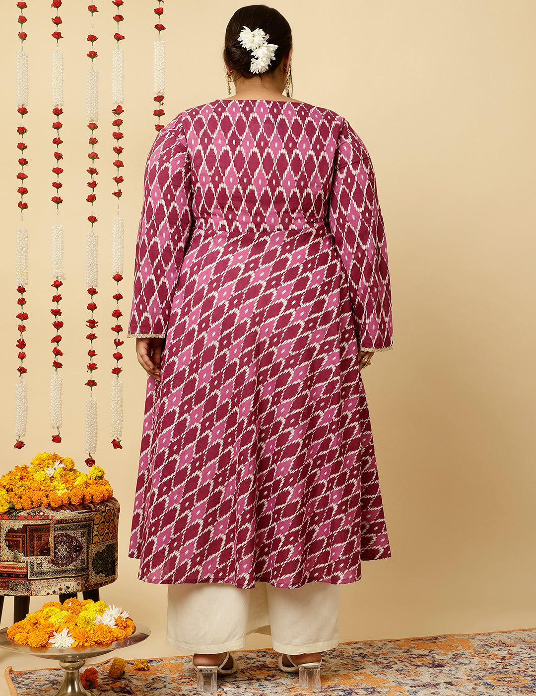 Plus Size Purple Ikat Printed Angrakha Kurta