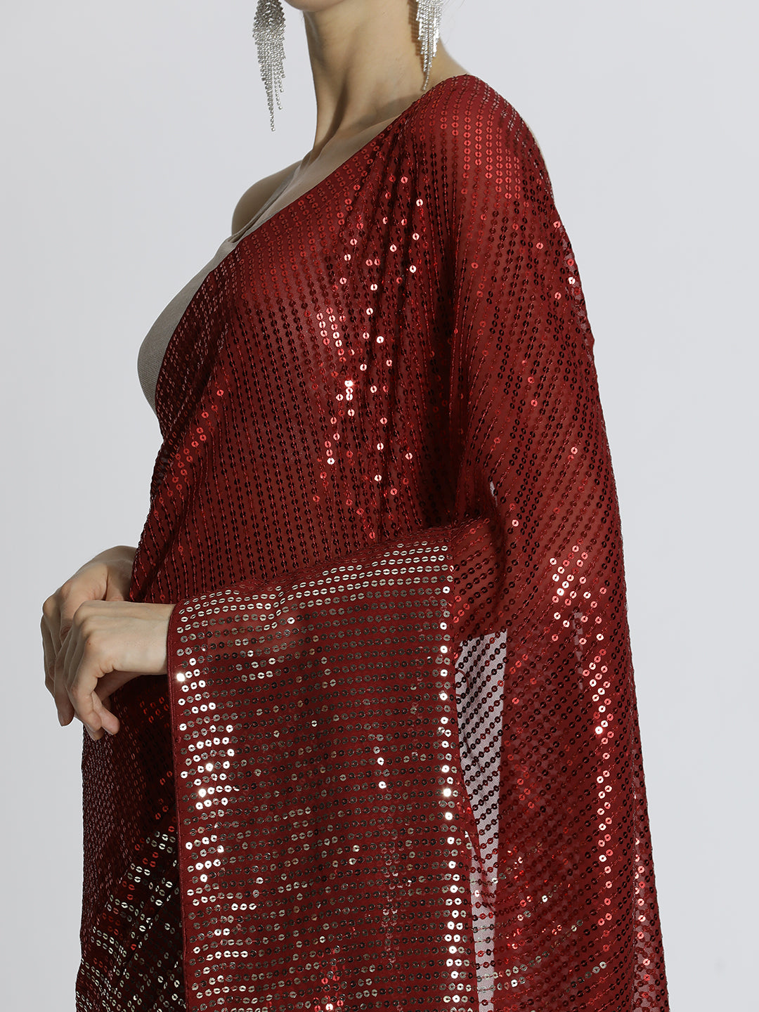Sequin Embroidered Georgette Party Wear Red Saree