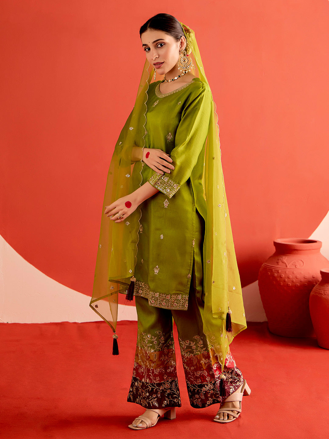 Mehendi Green Zardozi Embroidered Festive Kurta Set With Dupatta