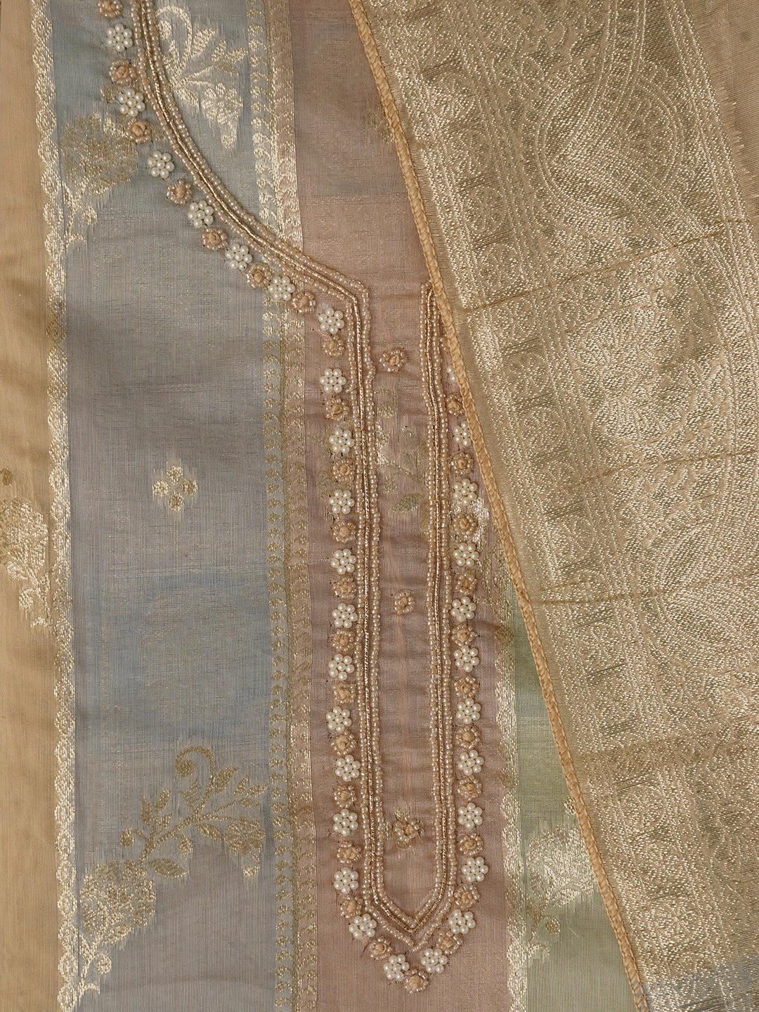 Multicolor Unstitched Woven Design Silk Blend Dress Material With Dupatta