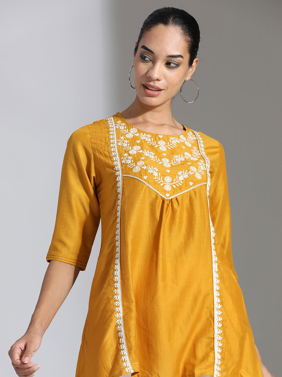 Mustard Embroidered Party Wear Gathered Top