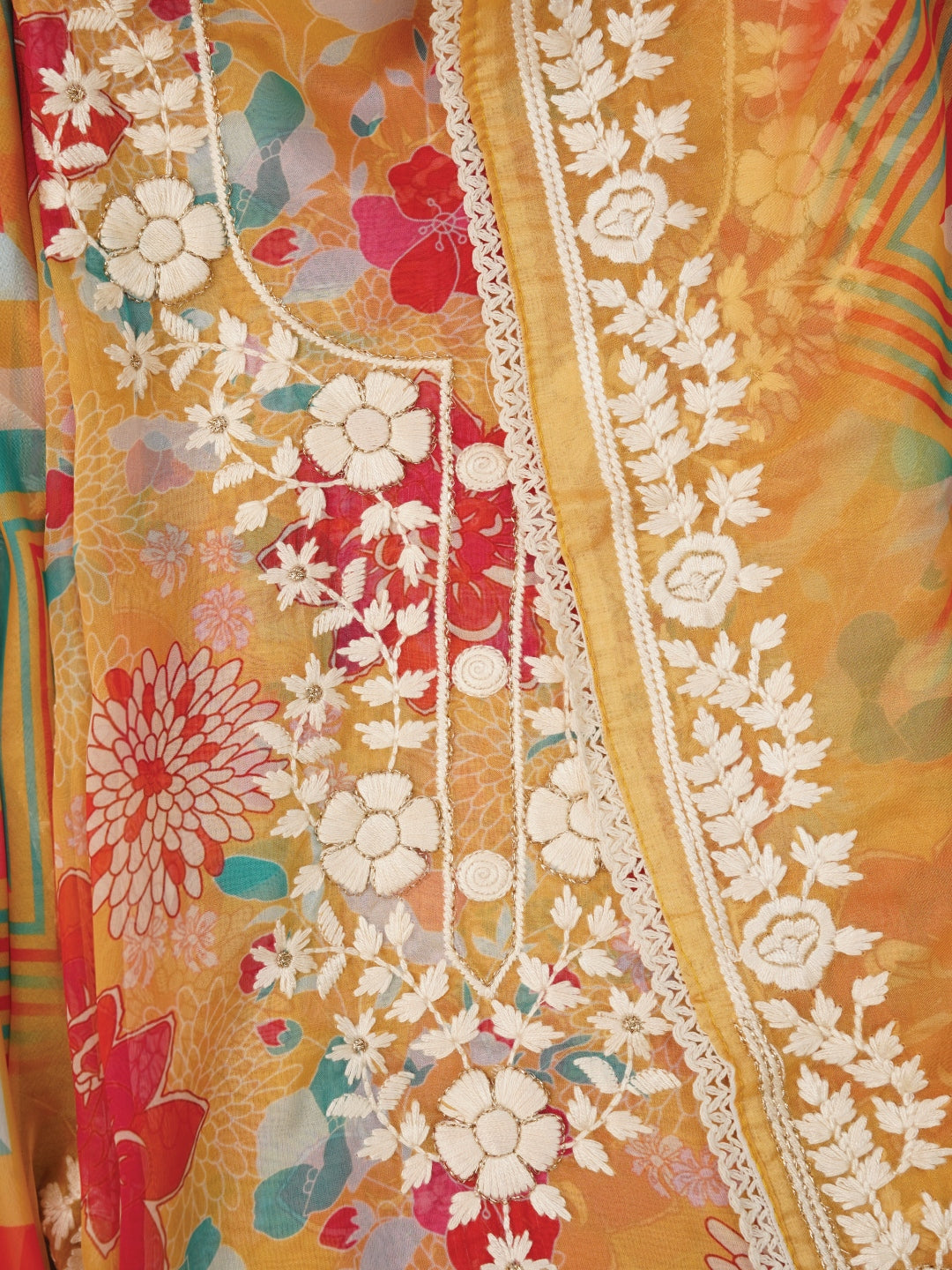 Yellow Lucknowi Embroidered Organza Dress Material with Dupatta