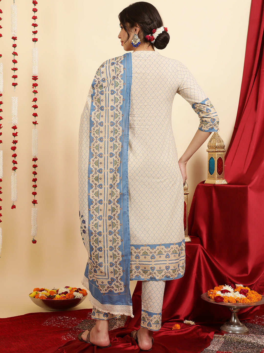 Ethnic Printed Blue Cotton Straight Kurta With Pants And Dupatta