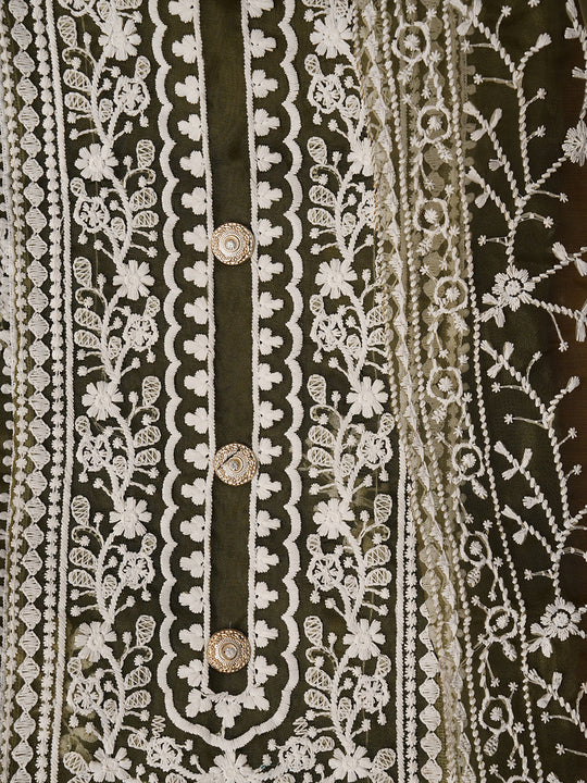 Mehendi Unstitched Embroidered Organza Dress Material With Dupatta