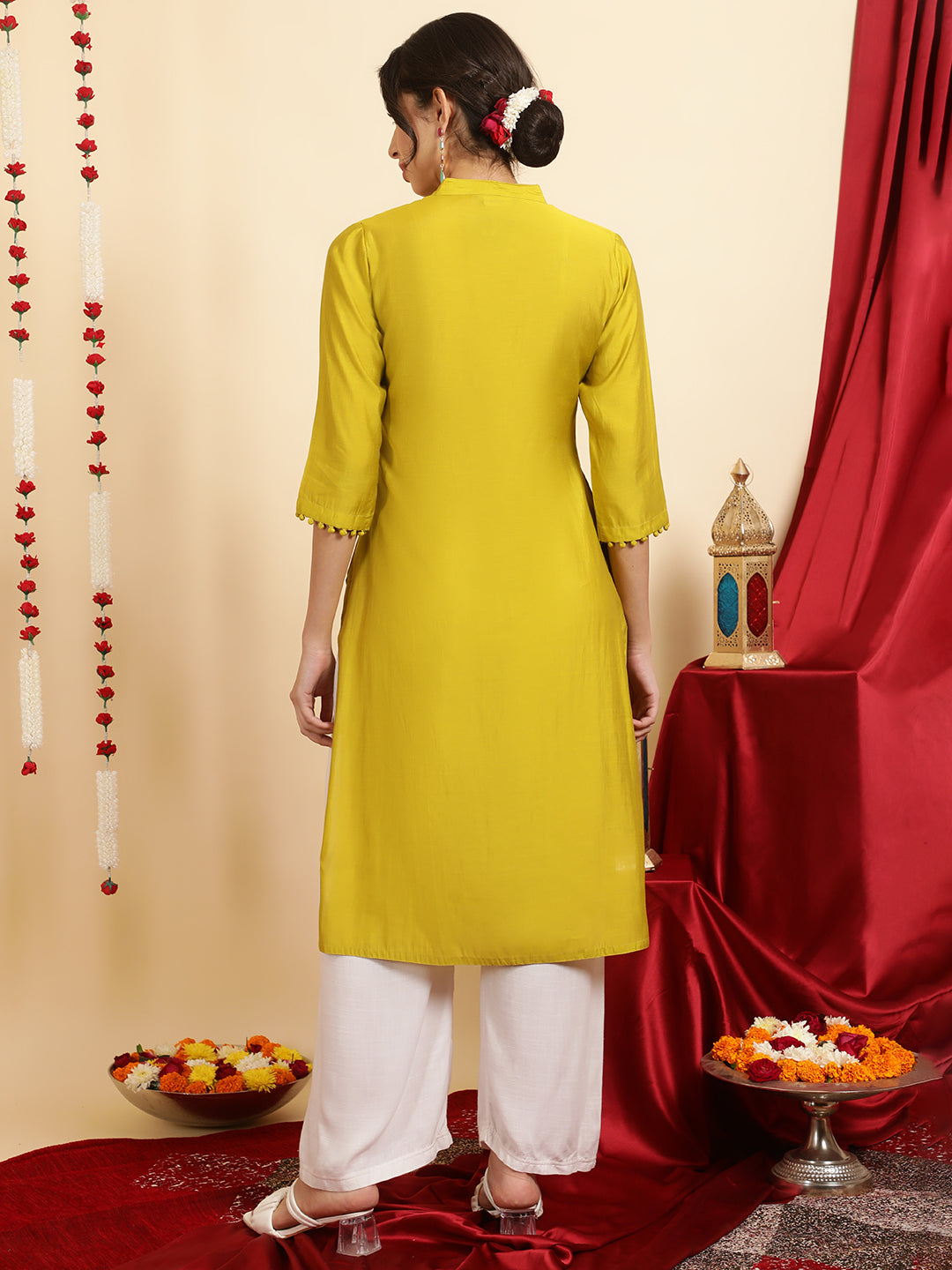 Embroidered Mustard Pintuck Straight Kurta