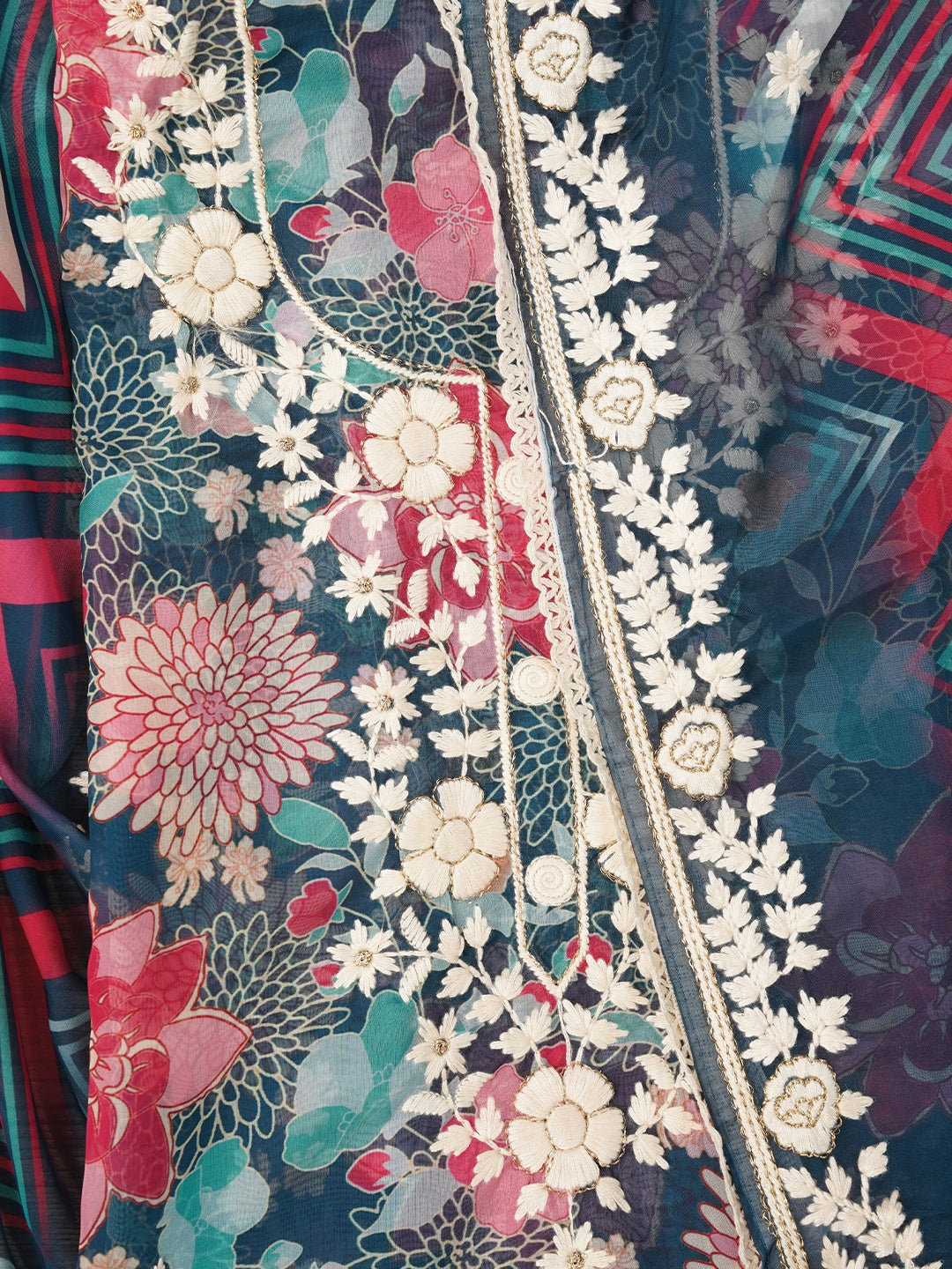 Teal Blue Lucknowi Embroidered Organza Dress Material with Dupatta