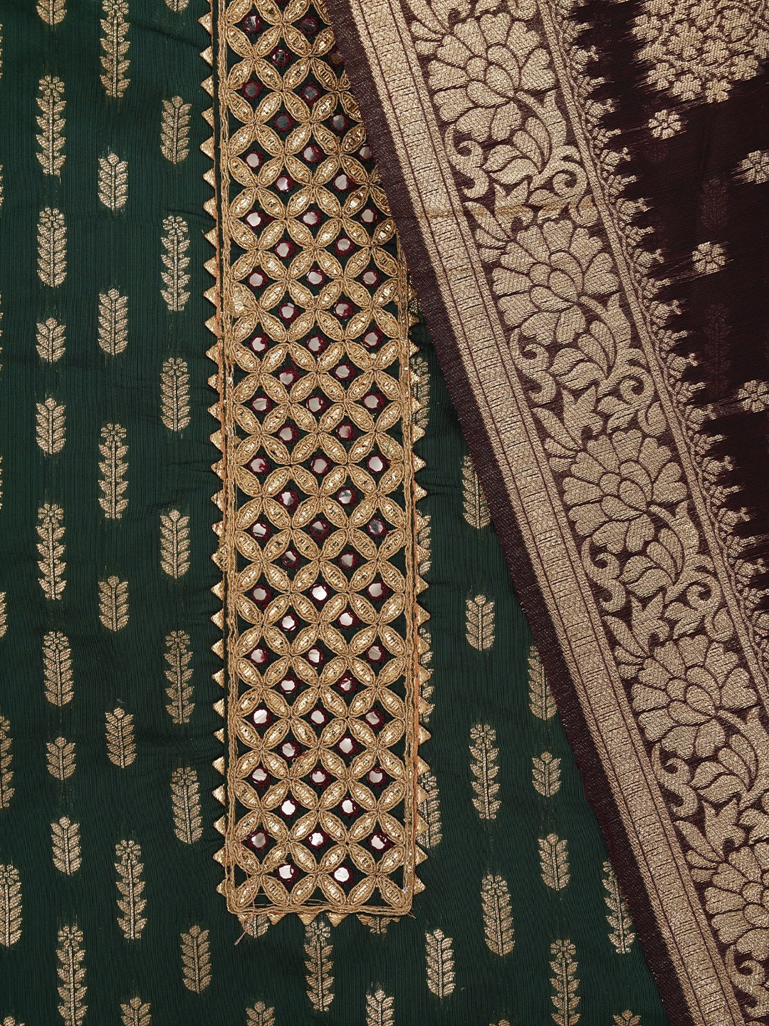 Mehandi Green Unstitched Silk Blend Embellished Dress Material With Dupatta