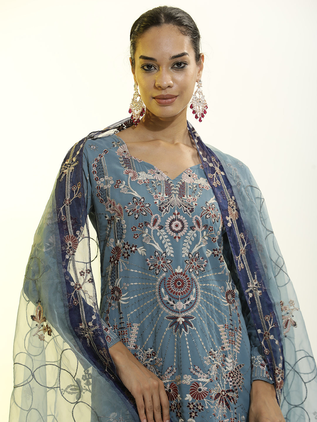 Festive Embroidered Georgette Party Wear Kurta Set With Dupatta