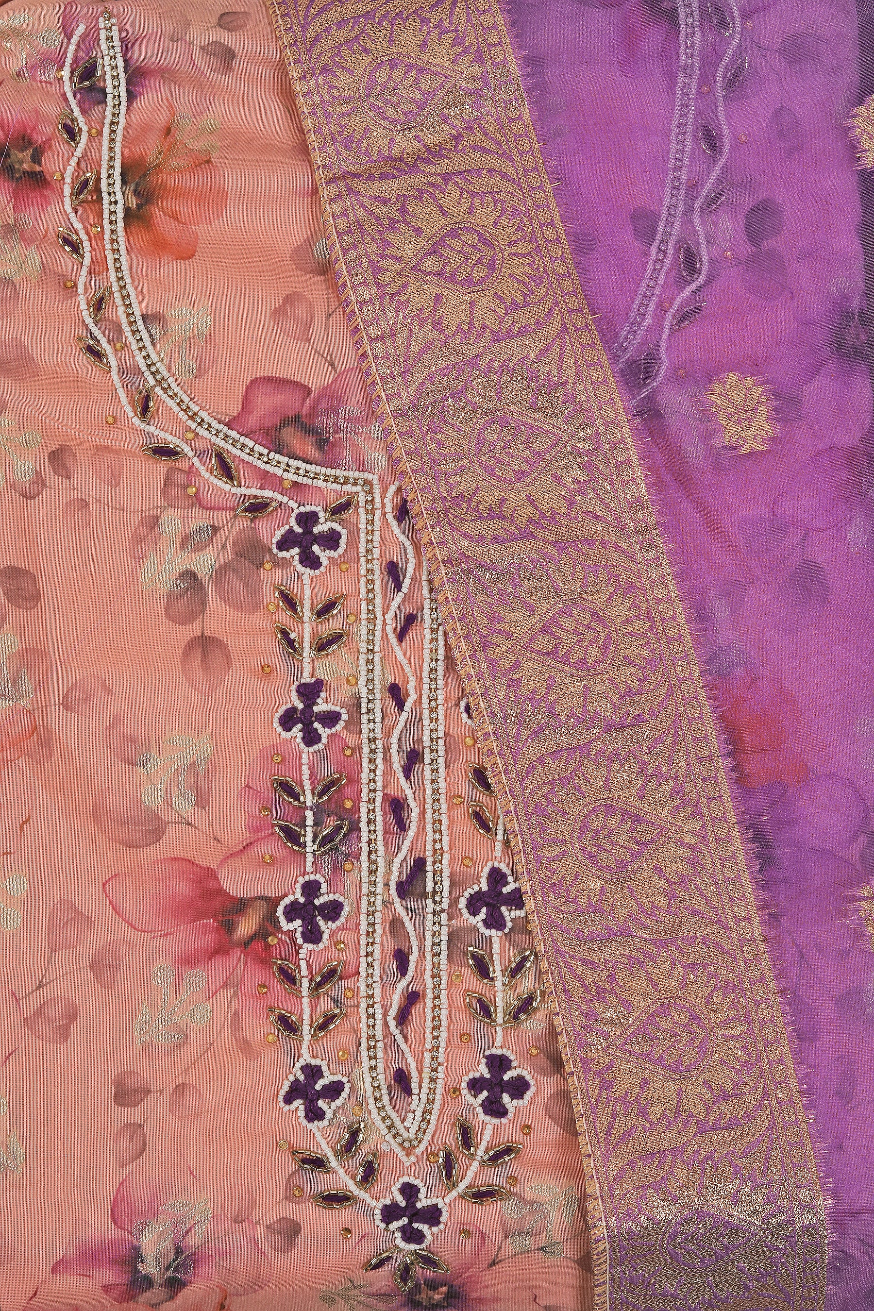 Orange Cotton Blend Embellished Dress Material with Dupatta