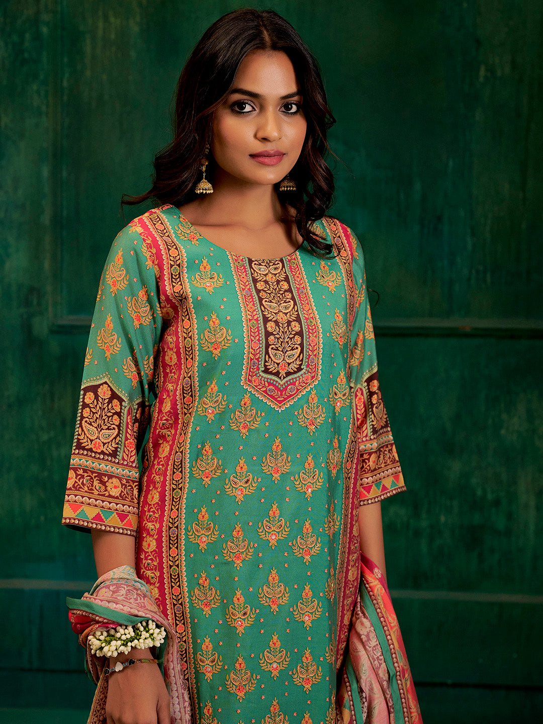 Sea Green Embellished Ethnic Printed Festive Kurta Set With Dupatta