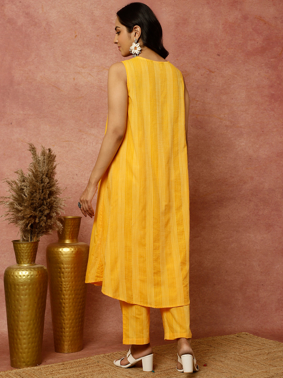 Yellow Sleeveless A-line Kurta With Pants Co-ord Set