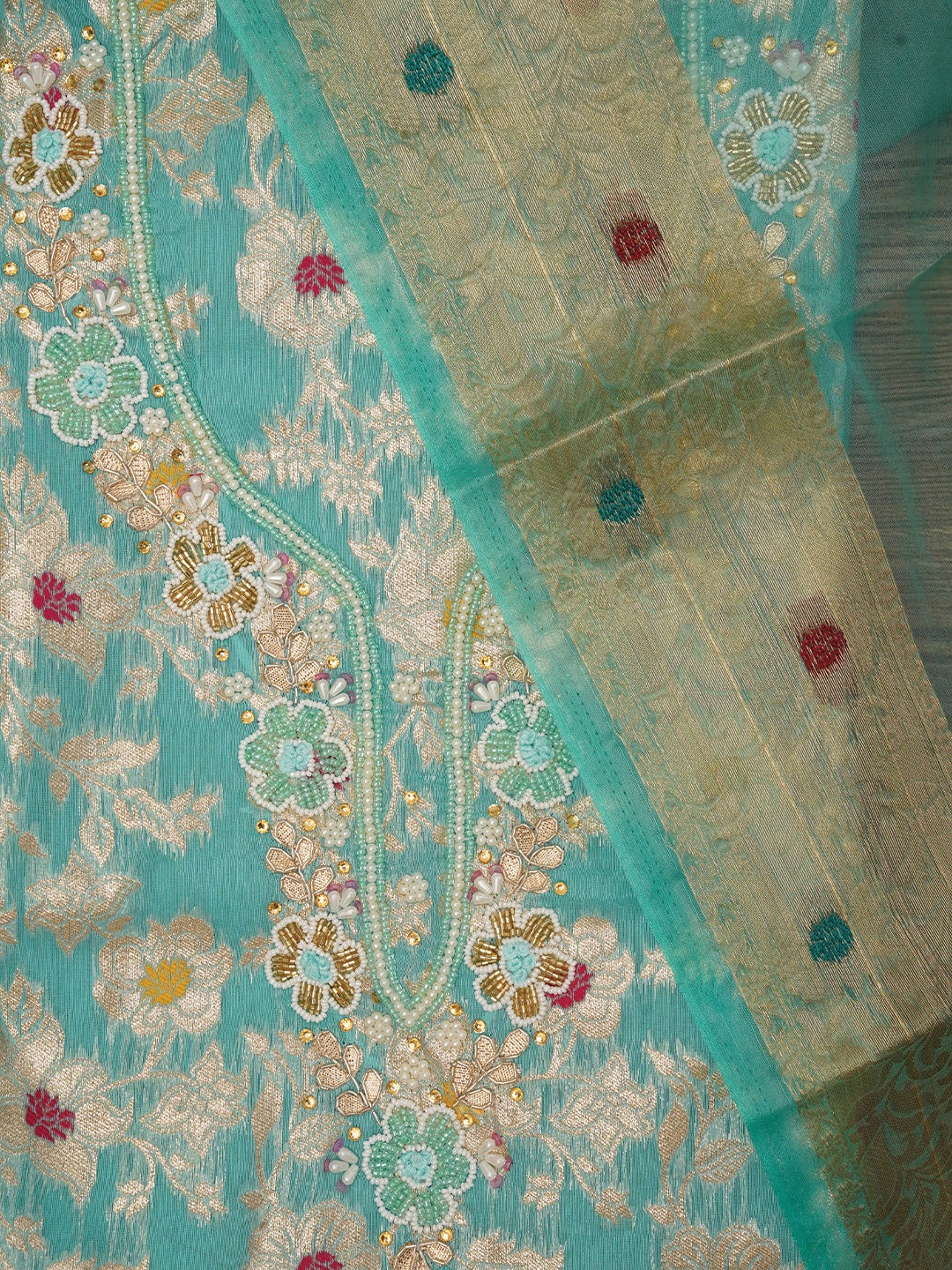 Sea Green Zari Brocade Cotton Dress Material with Dupatta
