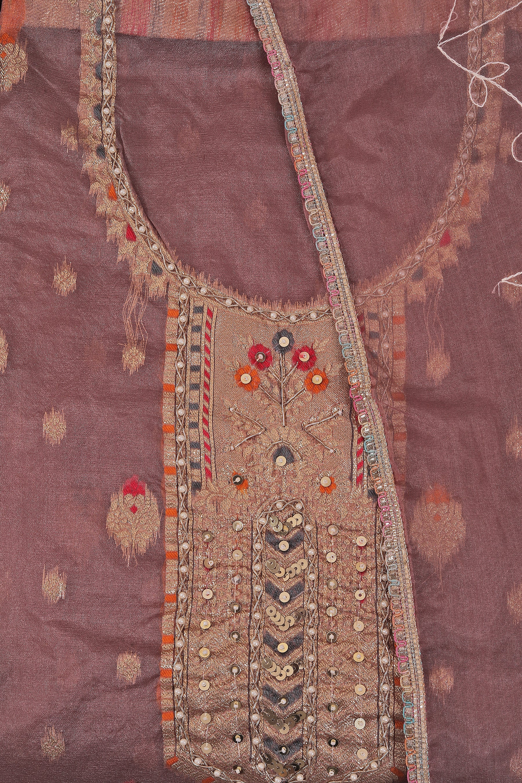 Dark Peach Woven Design Organza Gota Patti Dress Material With Dupatta