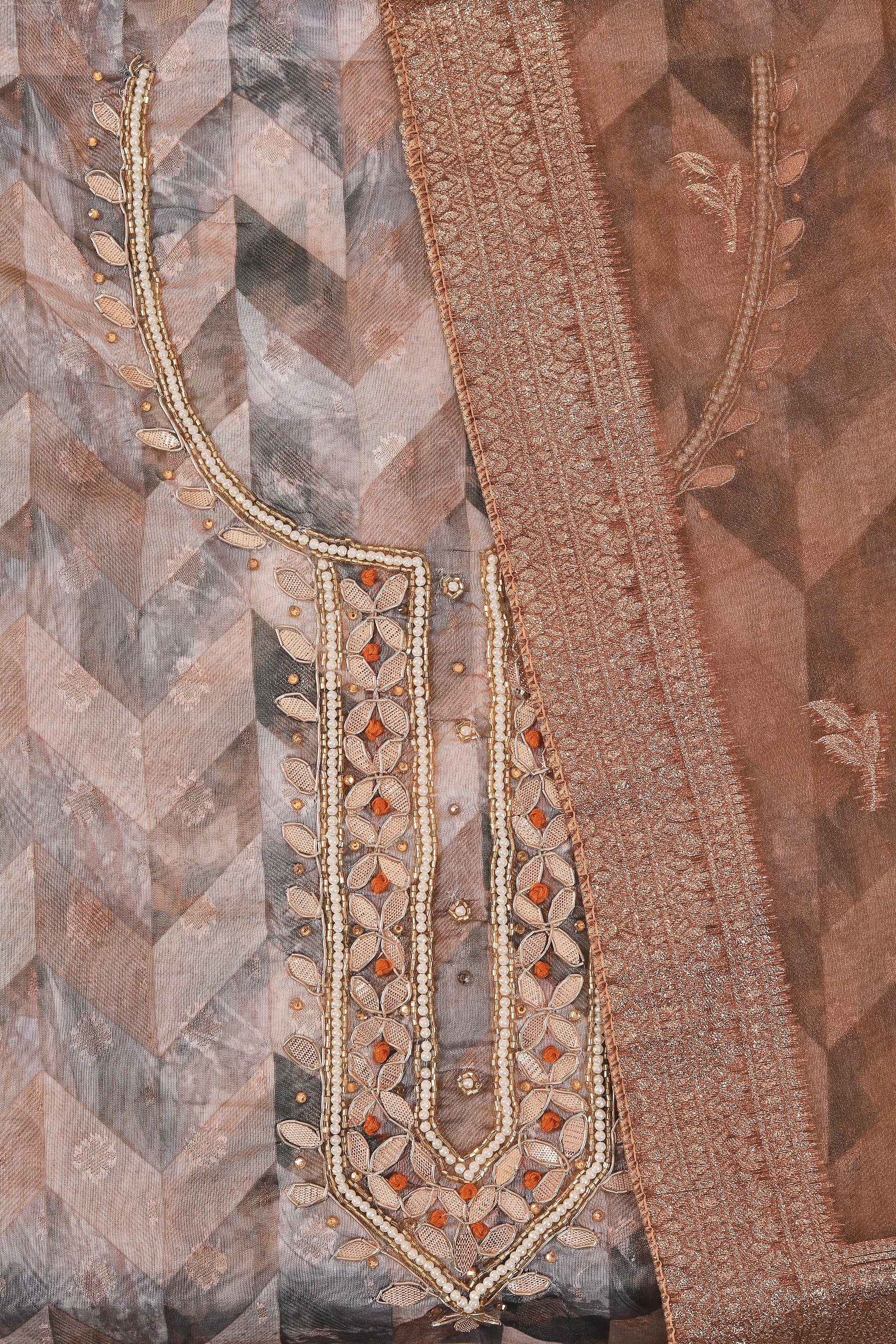Brown Woven Design Organza Gota Patti Dress Material With Dupatta