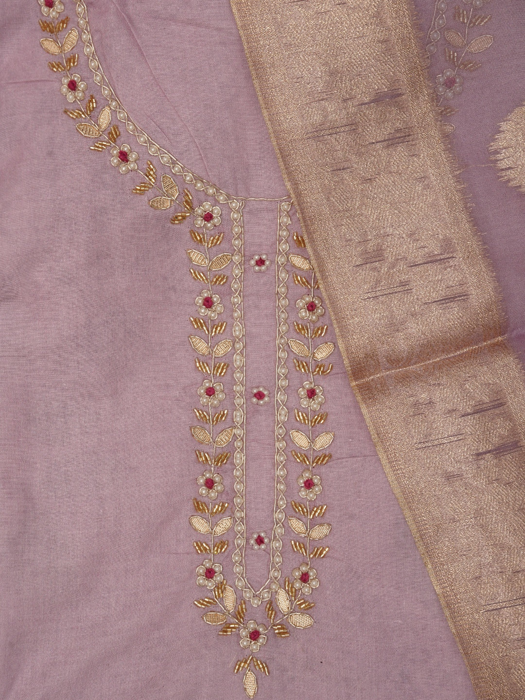 Pink Embellished Floral Printed Cotton Blend Dress Material with Dupatta