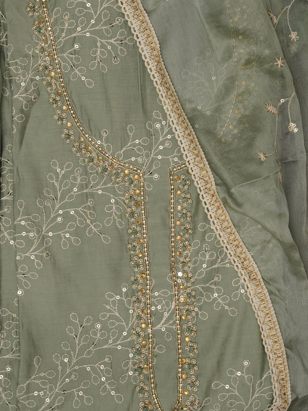 Sea Green Sequin Embroidered Pure Cotton Dress Material with Dupatta