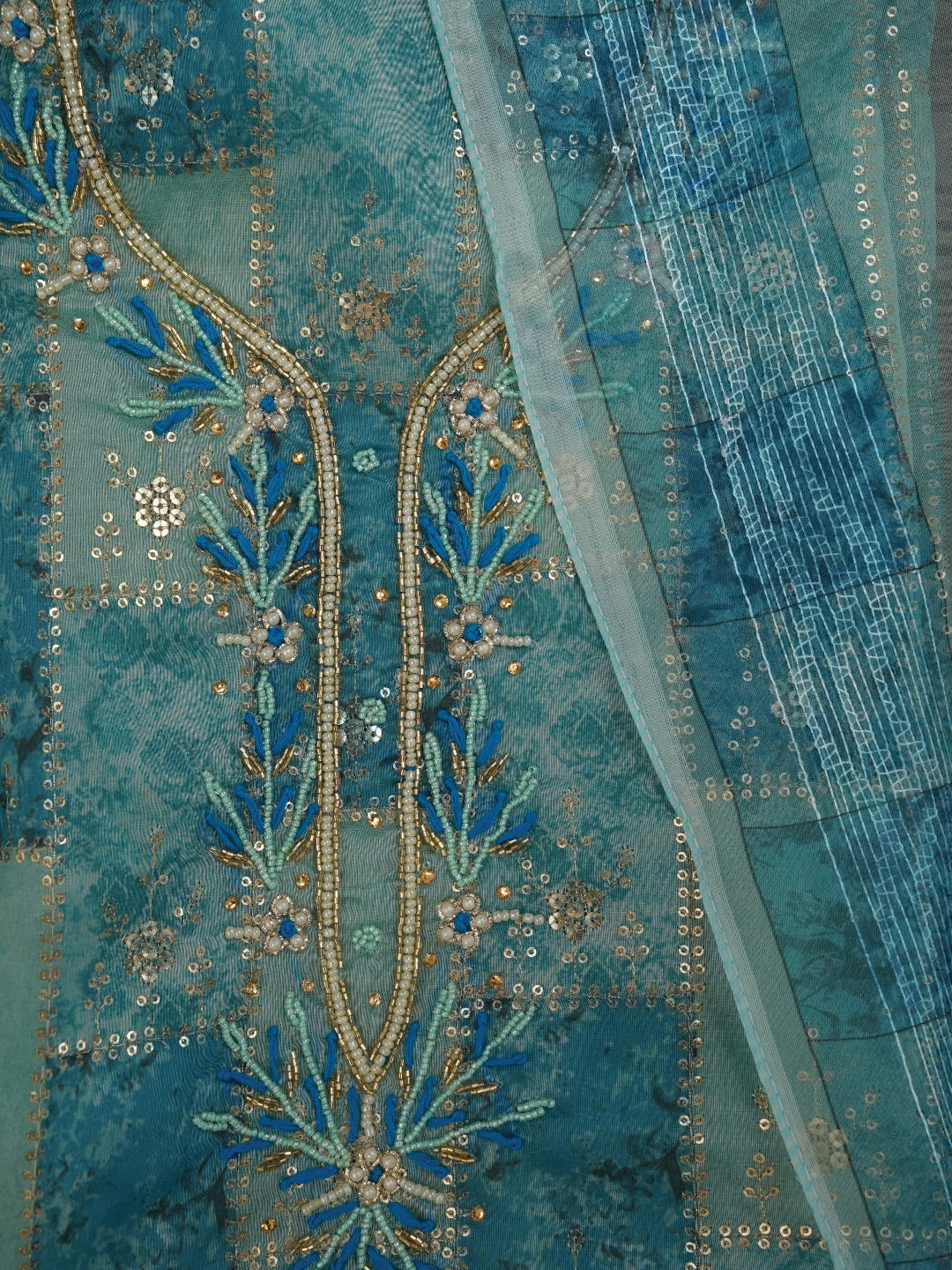 Sea Green Festive Silk Blend Zari Woven Dress Material With Dupatta