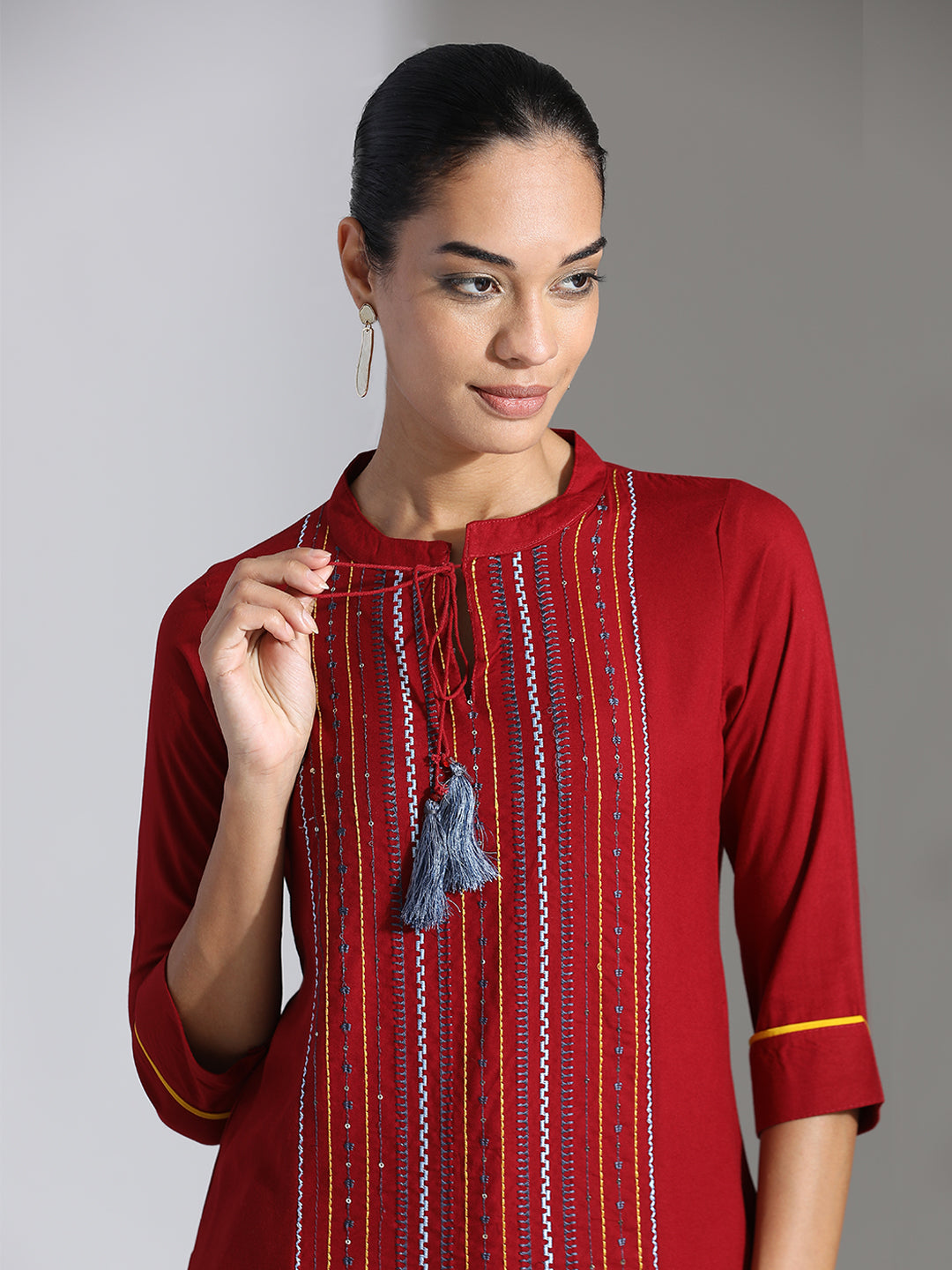 Maroon Embroidered Rayon Straight Kurta