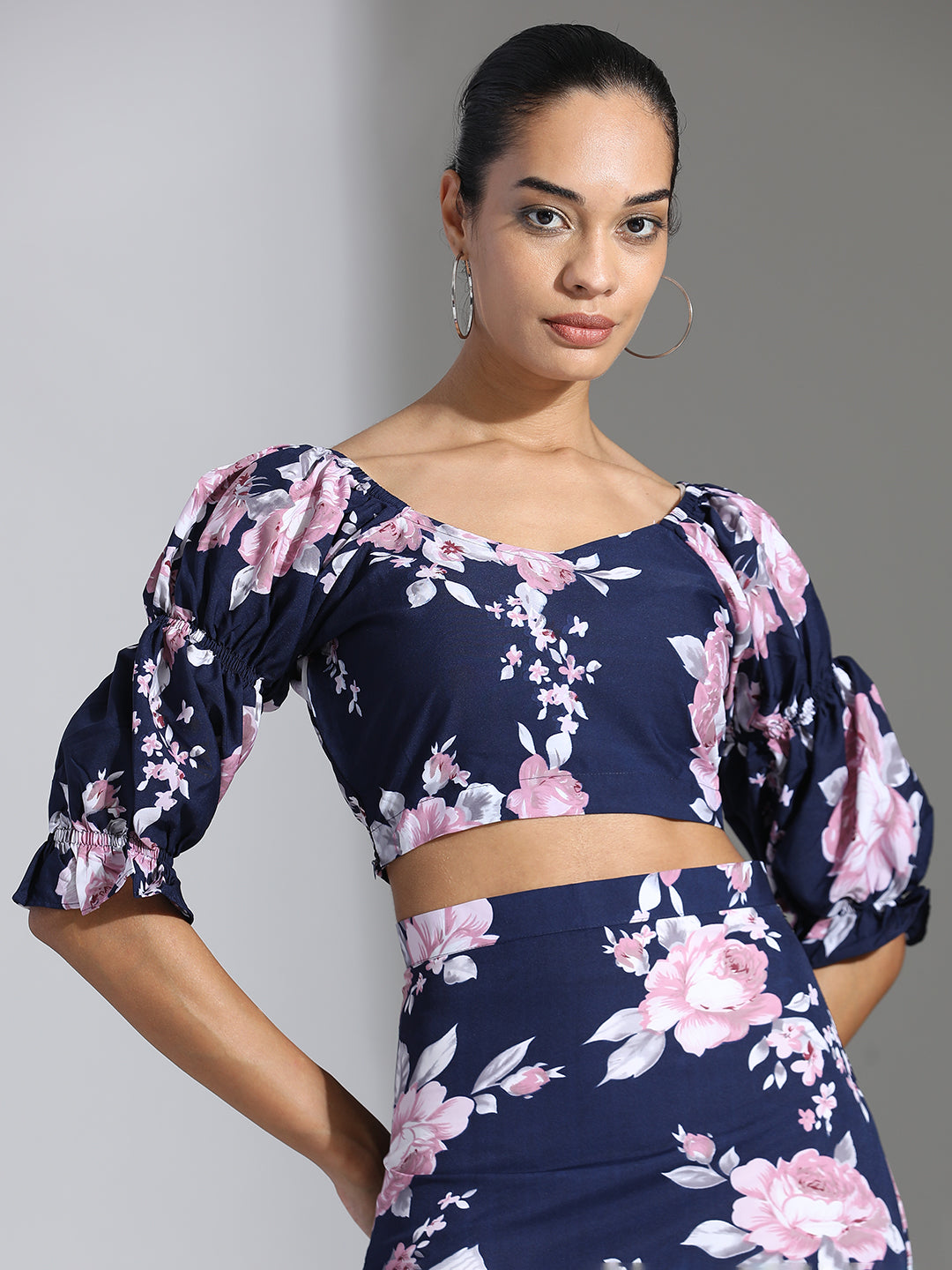 Blue Floral Printed Crop Top With Skirt Co-ord Set