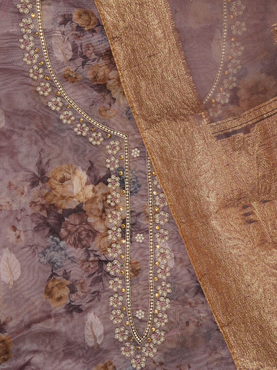 Rose Gold Embellished Floral Printed Organza Dress Material with Dupatta