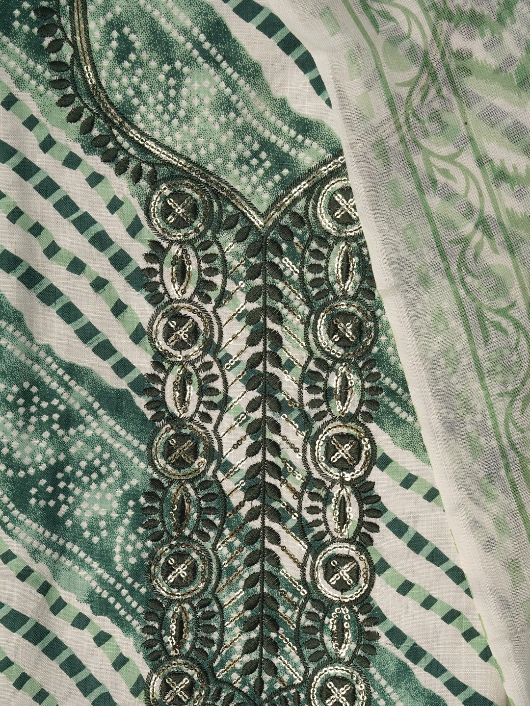 Sea Green Unstitched Cotton Bandhani Printed Dress Material With Dupatta