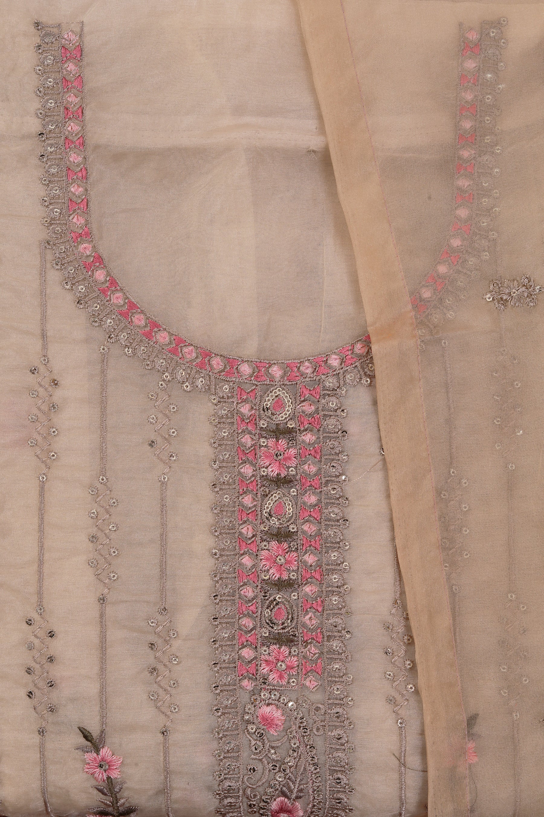 Cream Embroidered Organza Dress Material With Dupatta