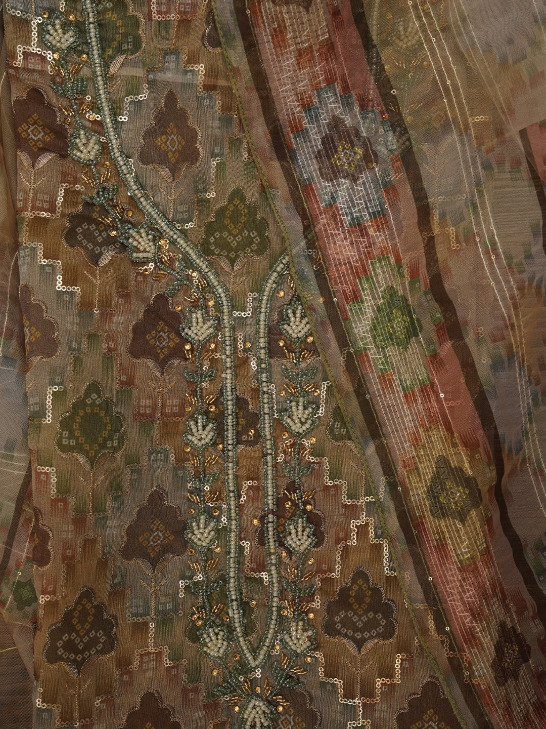 Green Ethnic Sequin Embroidered Organza Dress Material with Dupatta