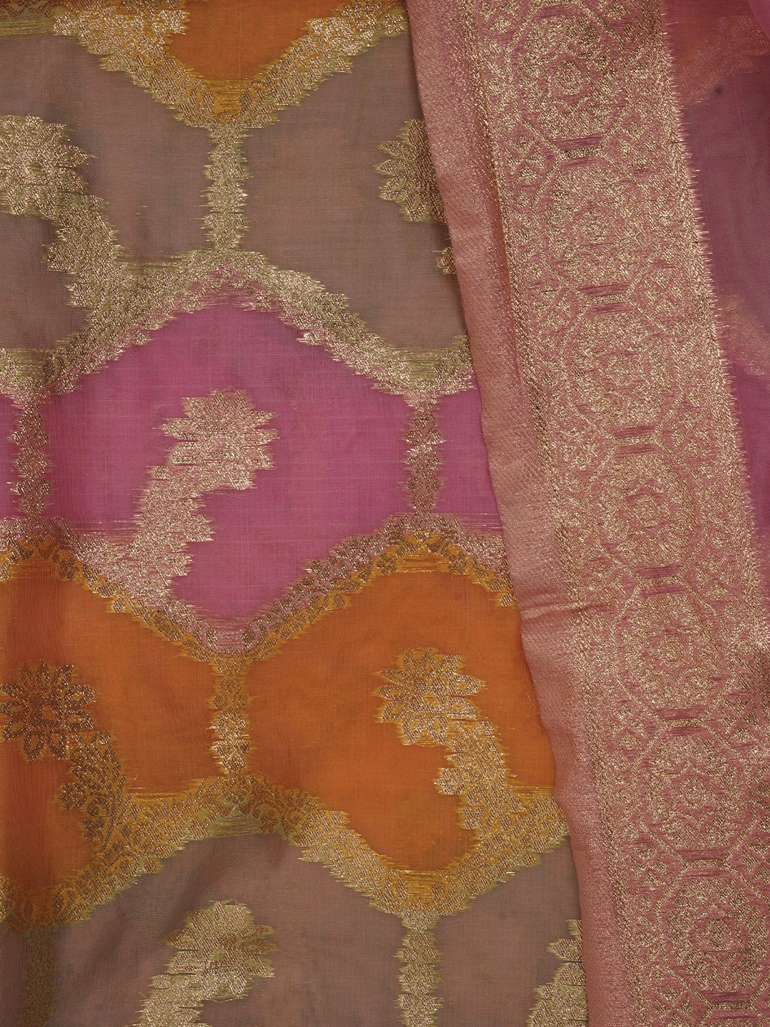 Pink Unstitched Zari Woven Organza Dress Material With Dupatta