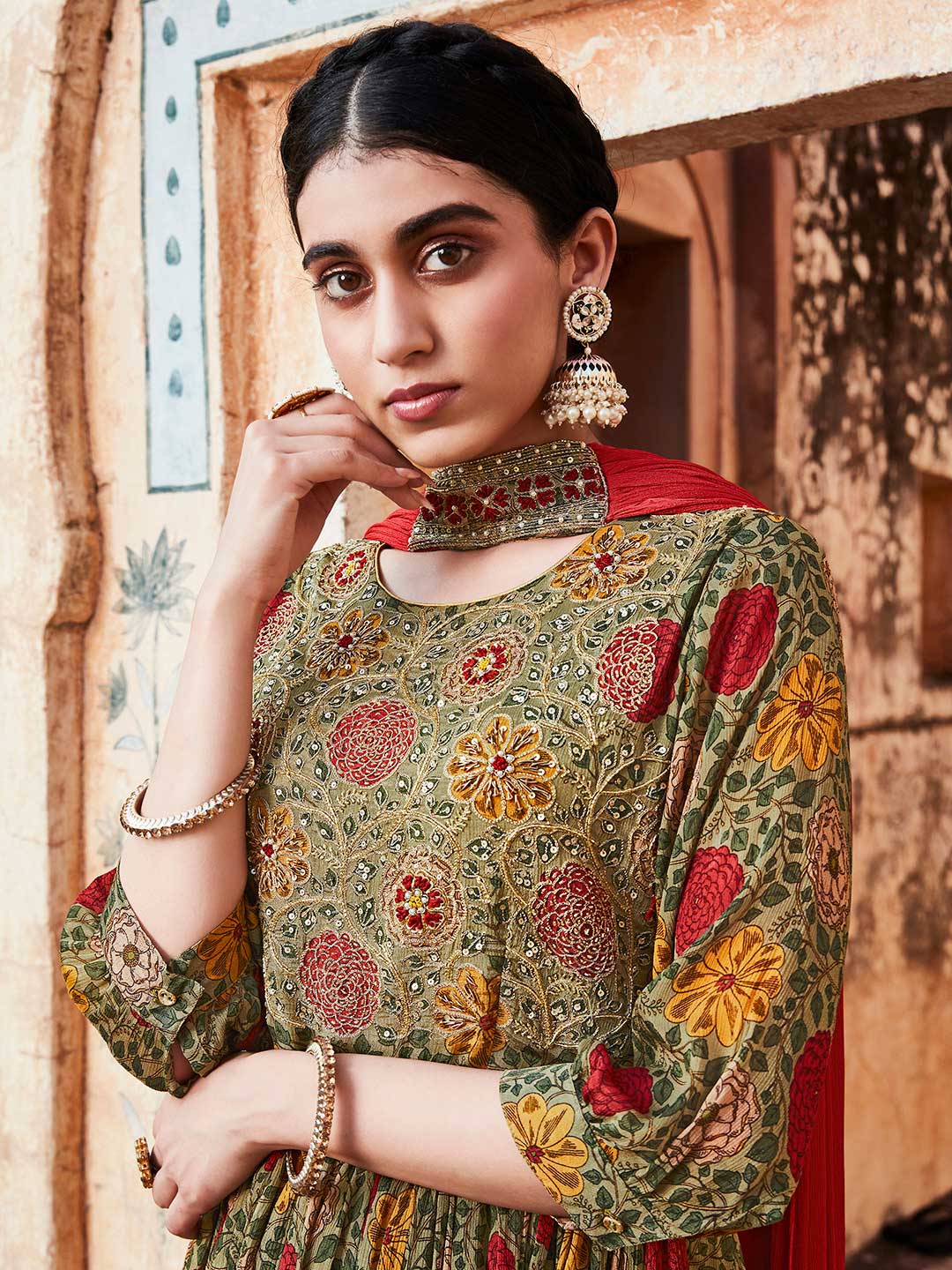 Green Floral Printed Short Kurta With Sharara And Pleated Dupatta