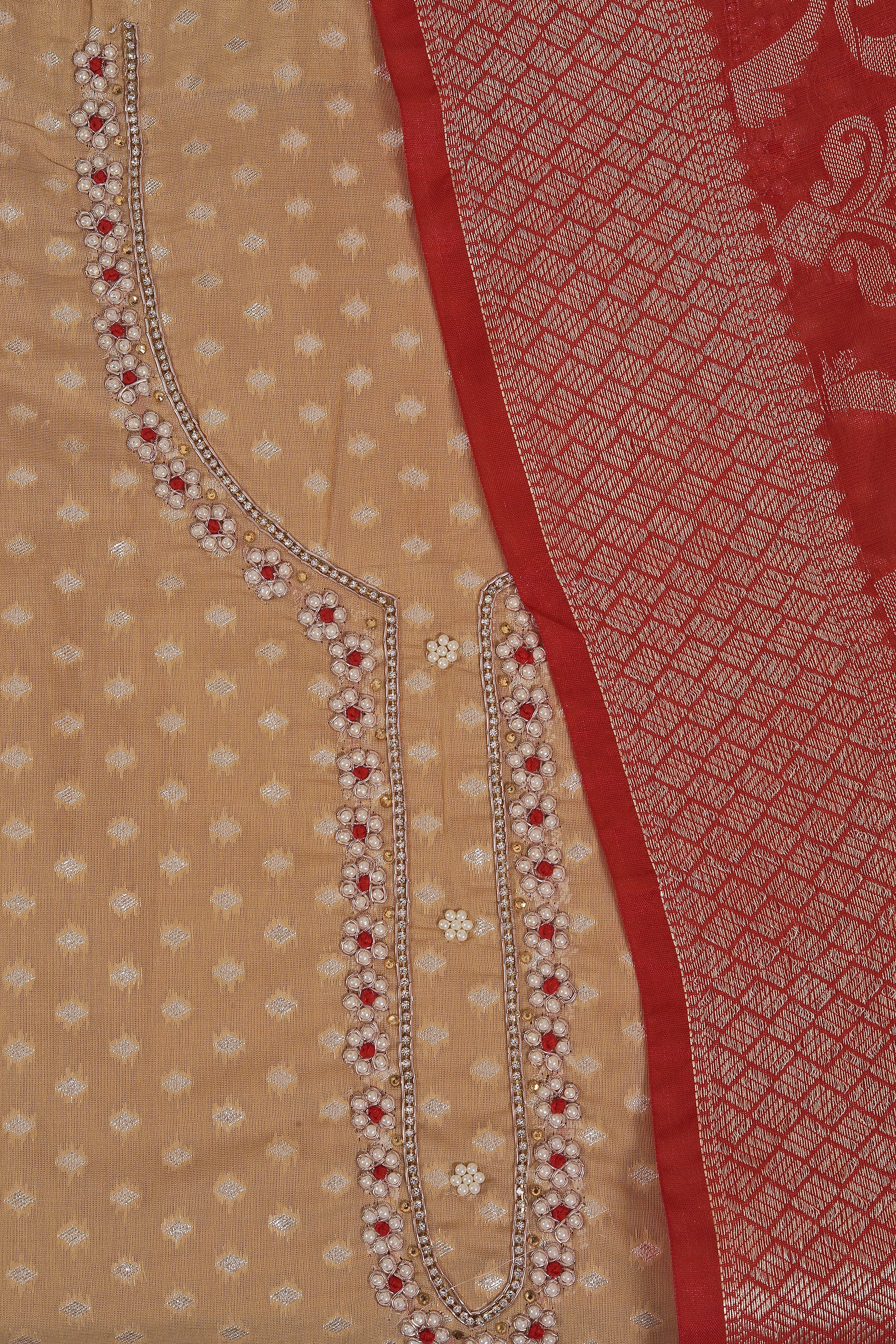 Cream Unstitched Floral Printed Beads and Stones Dress Material With Dupatta