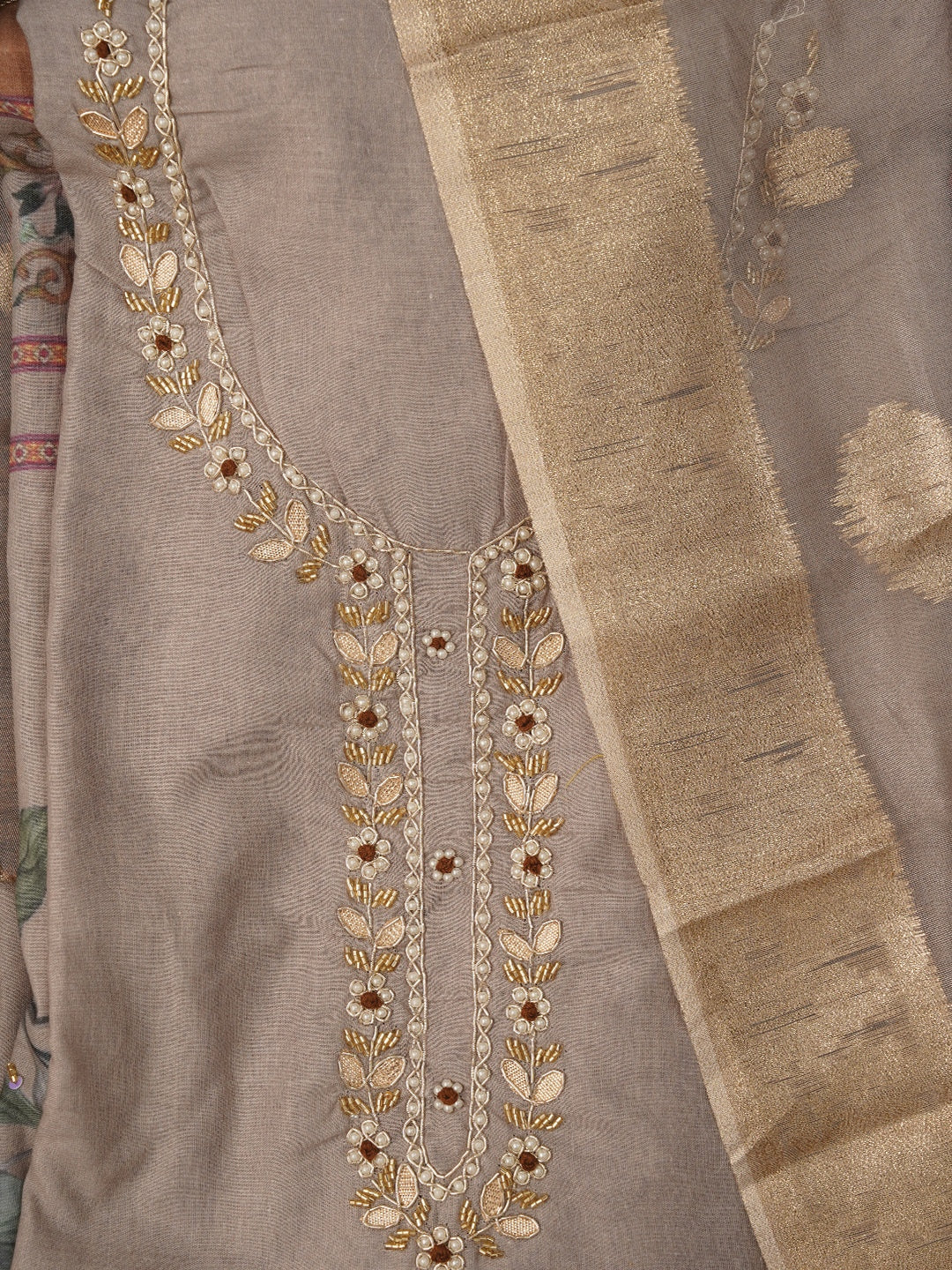 Grey Embellished Floral Printed Cotton Blend Dress Material with Dupatta