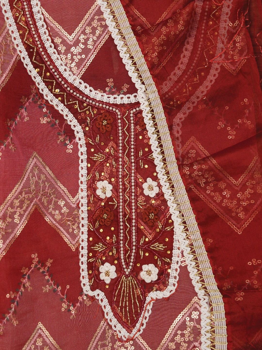 Red Sequin Embroidered Organza Dress Material with Dupatta