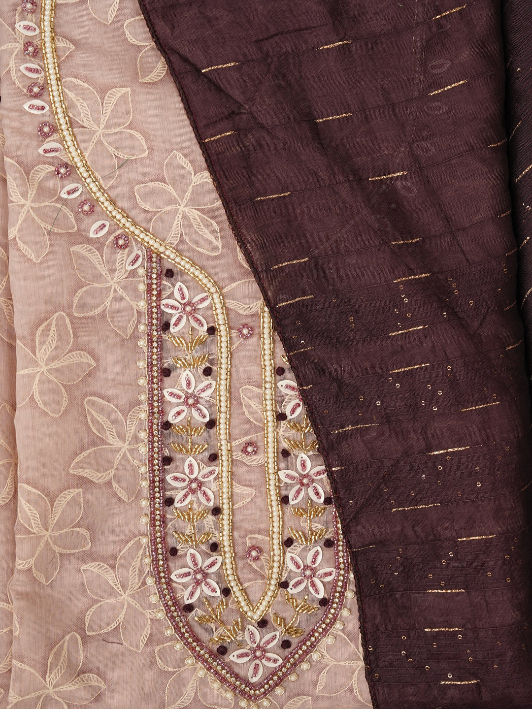 Purple Floral Printed Embellished Cotton Dress Material with Dupatta