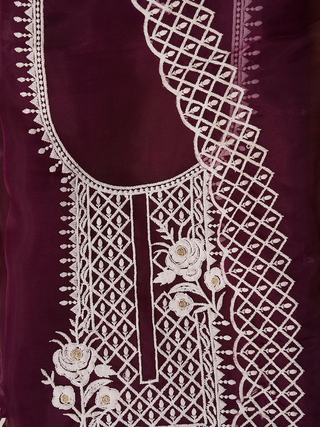 Unstitched Purple Embroidered Organza Dress Material With Dupatta