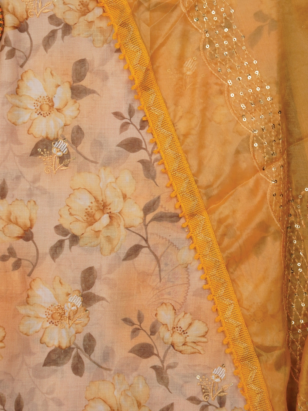 Yellow Floral Printed Embellished Cotton Dress Material with Dupatta