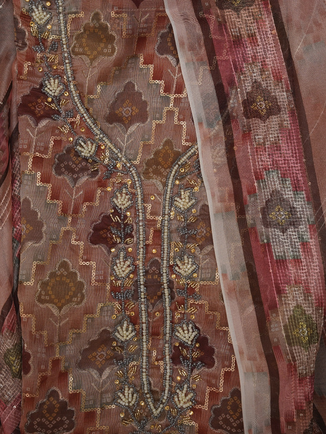 Rust Ethnic Sequin Embroidered Organza Dress Material with Dupatta