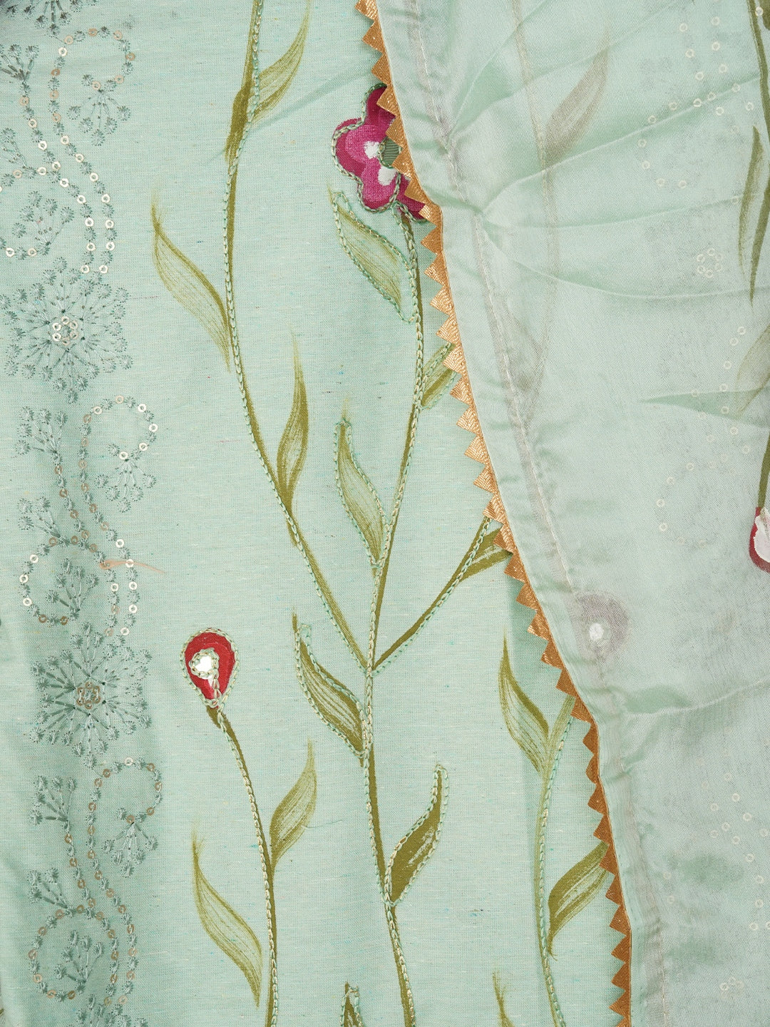 Sea Green Handpainted Embroidered Dress Material with Dupatta