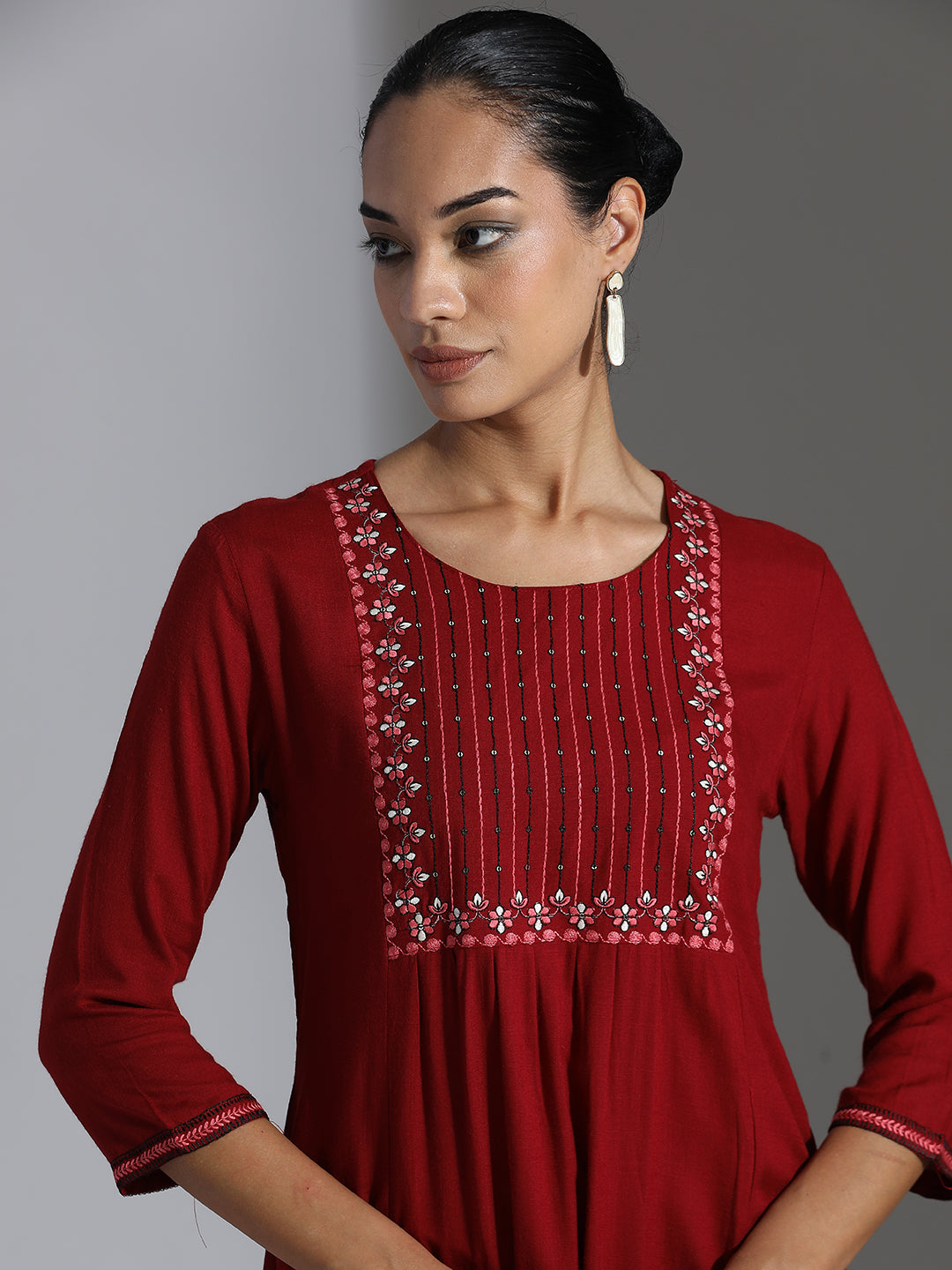Embroidered Maroon Rayon Straight Kurta