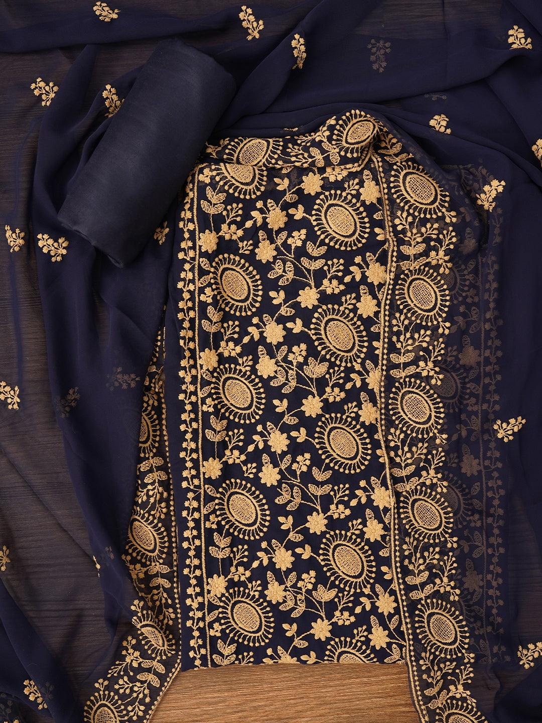 Navy Blue Sequin Embroidered Silk Georgette Dress Material with Dupatta