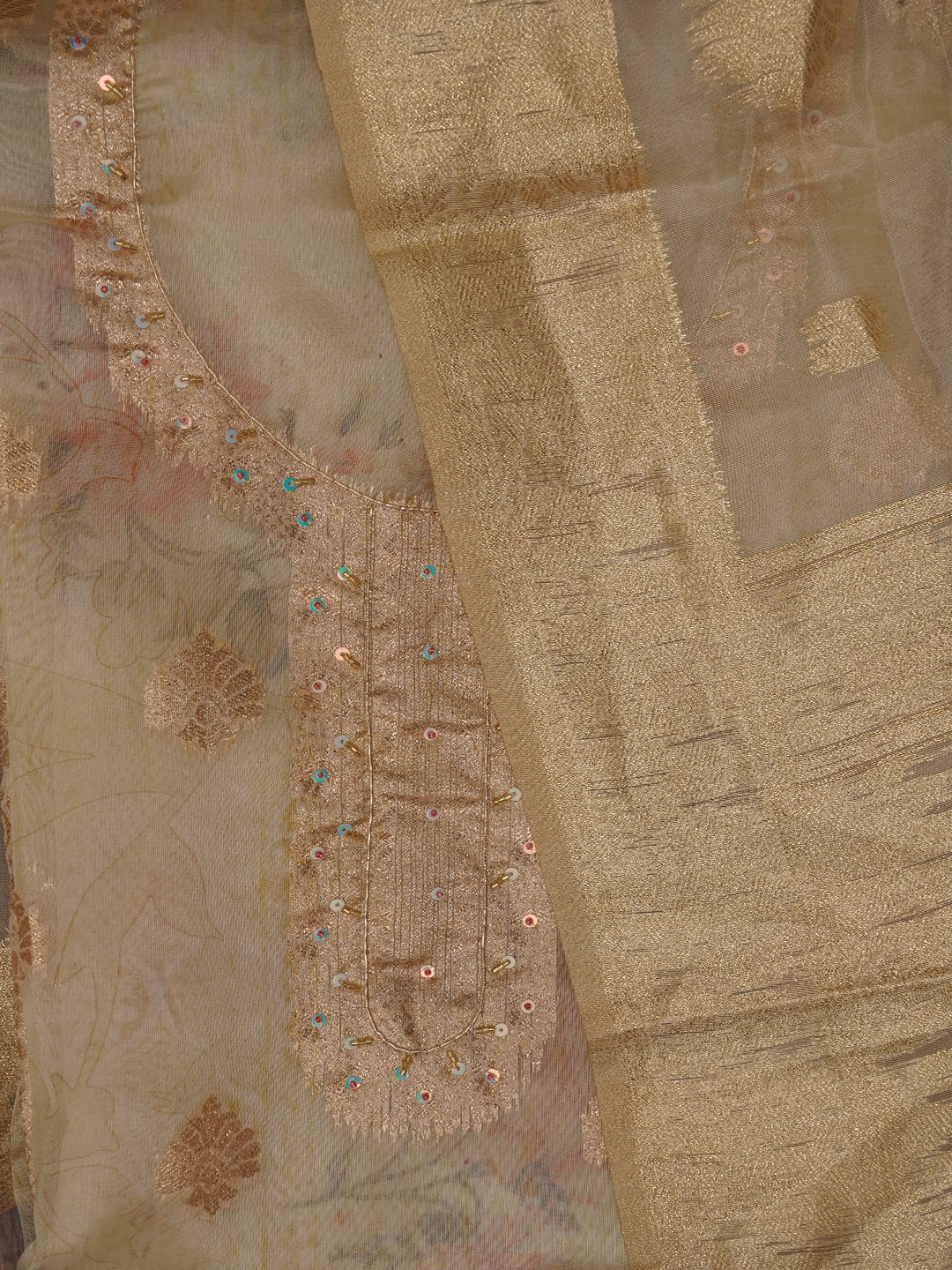 Beige Floral Printed Embellished Organza Dress Material with Dupatta
