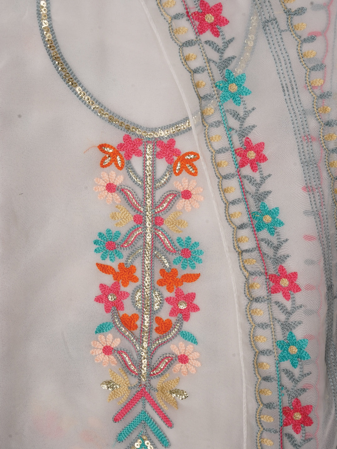 White Sequin Embroidered Silk Georgette Dress Material with Dupatta