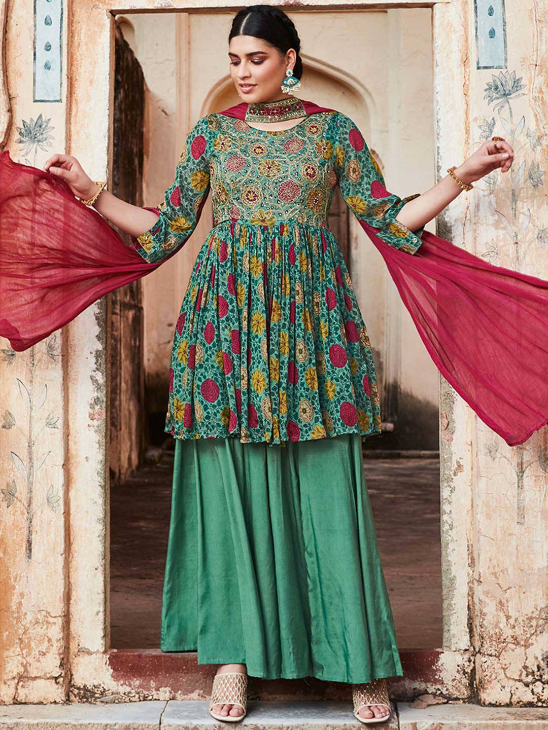 Blue Floral Printed Short Kurta With Sharara And Pleated Dupatta